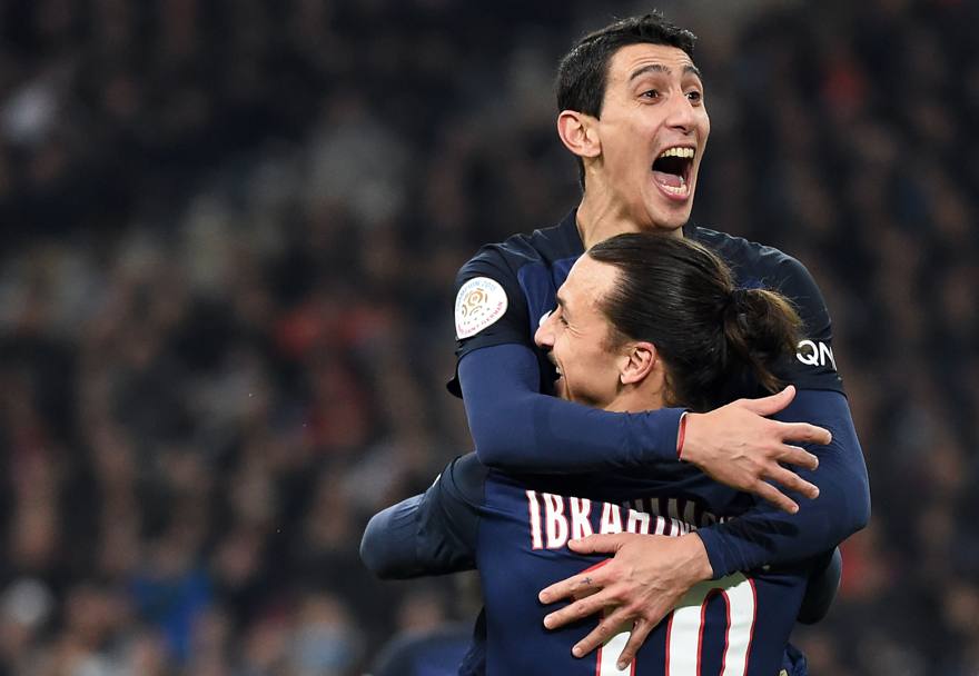 Paris Saint-Germain vs Marsiglia. La gioia di Angel Di Maria e Zlatan Ibrahimovic dopo aver messo a segno una rete (Afp)